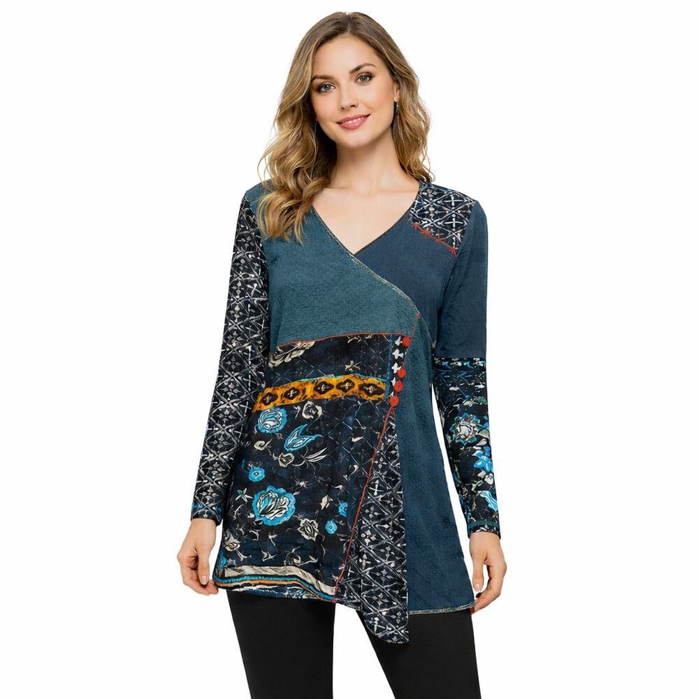 Orientique Blouse Womens Medium Multicolor V Neck Long Sleeve Tunic Boho Top